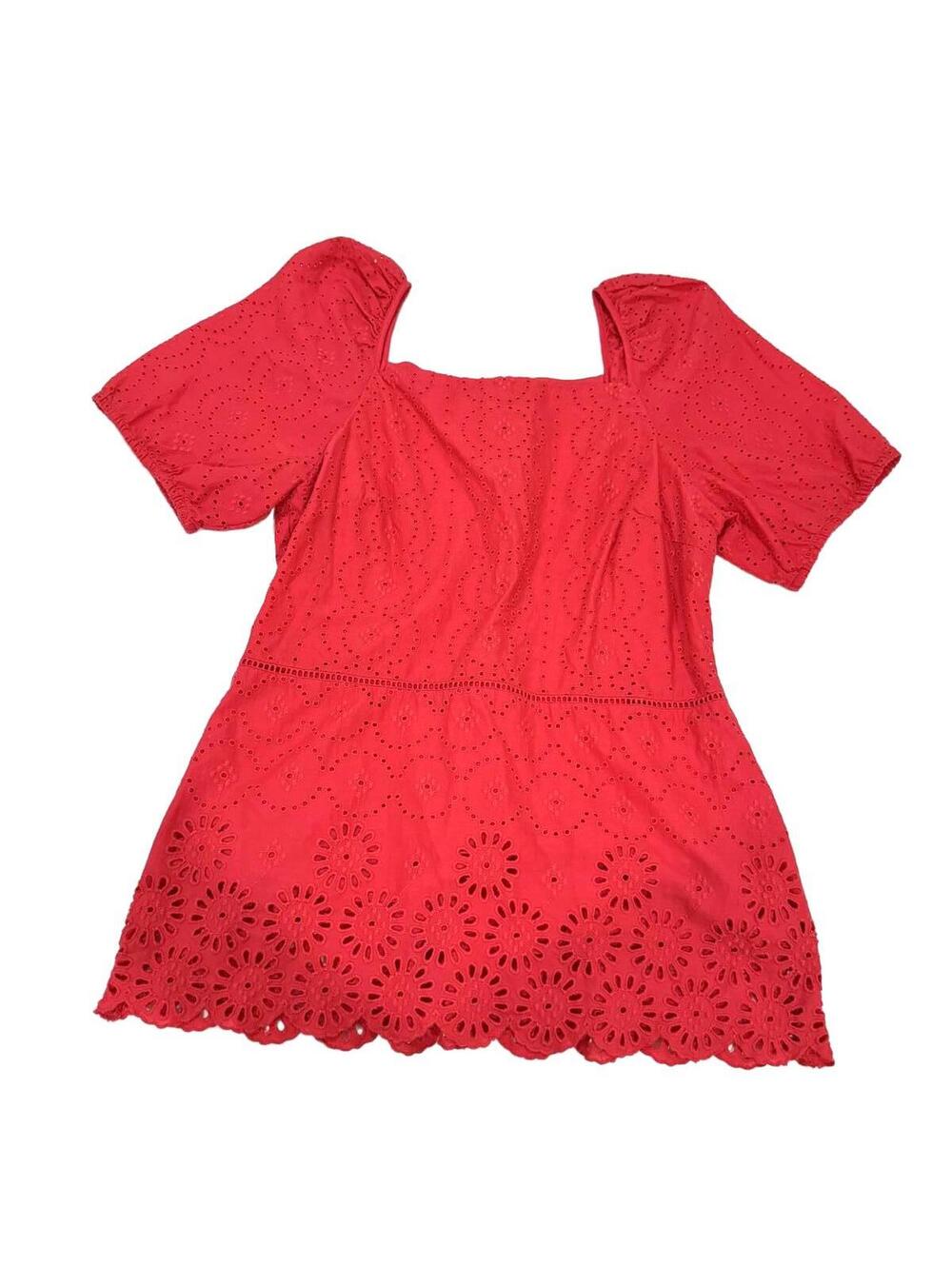 Ann Taylor Red Eyelet Puff Sleeve Peplum Top Square Neck Small Blouse